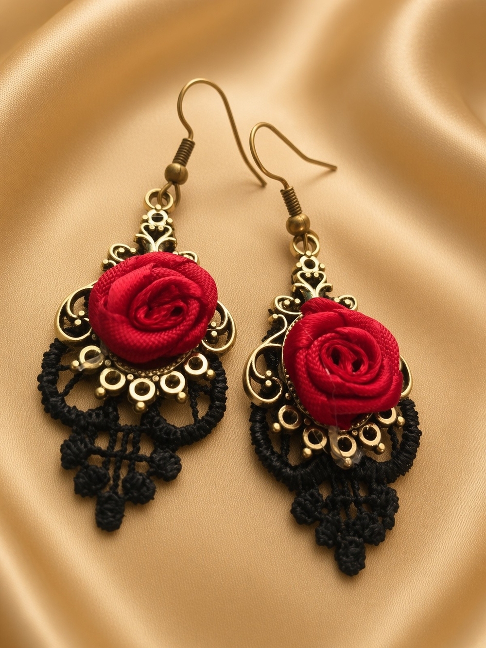 Antique Gold Filigree Drop Earrings with Red Rose and Black Lace